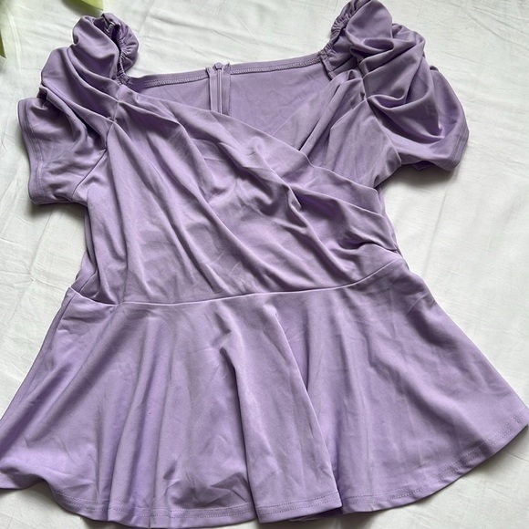 LYANER Wrap V Neck Zipper Back Puff Short Sleeve Flare Ruffle Peplum Top - Picture 9 of 11